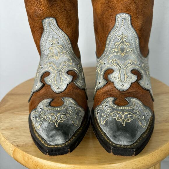 ROCKIN Country Womens Cowgirl Cowboy Western Boots Brown Distressed Leather SZ 5 - Picture 4 of 10